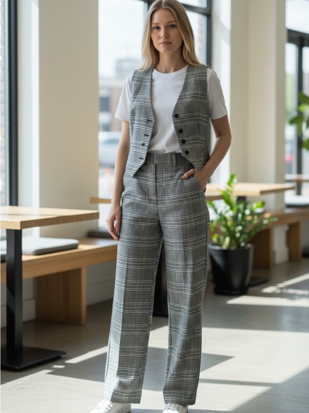 Classic Black & White  Plaid Button Vest and pants set